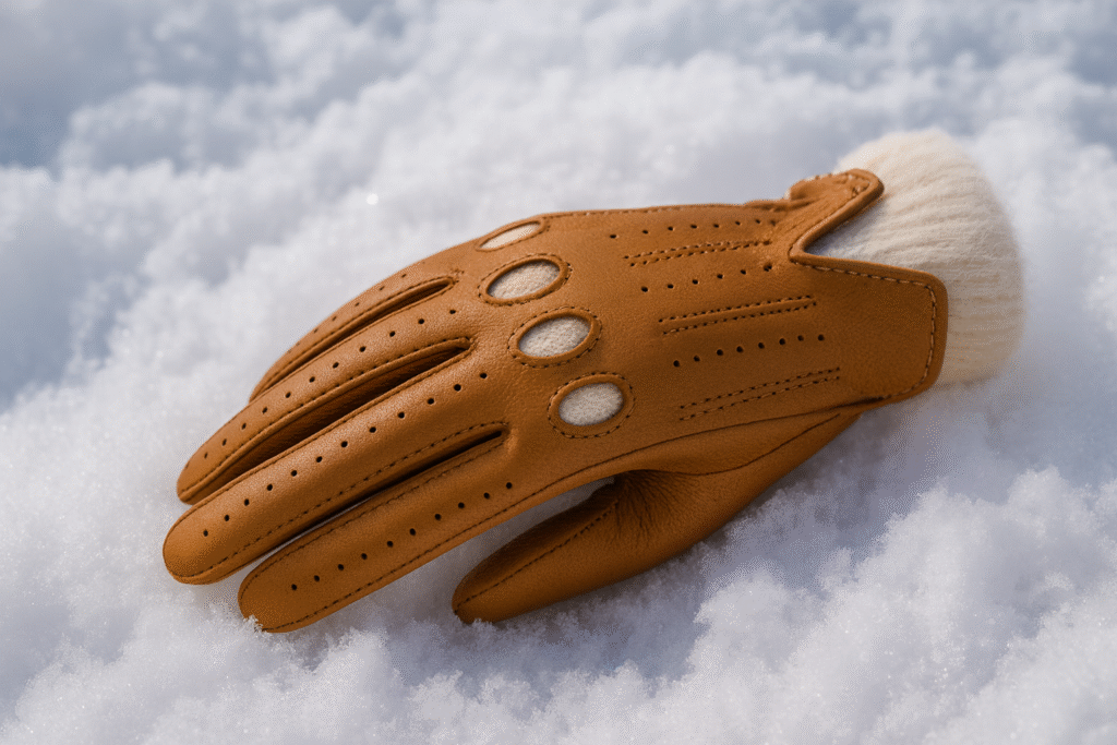 guanto in pelle sulla neve fresca guanto in pelle sulla neve fresca